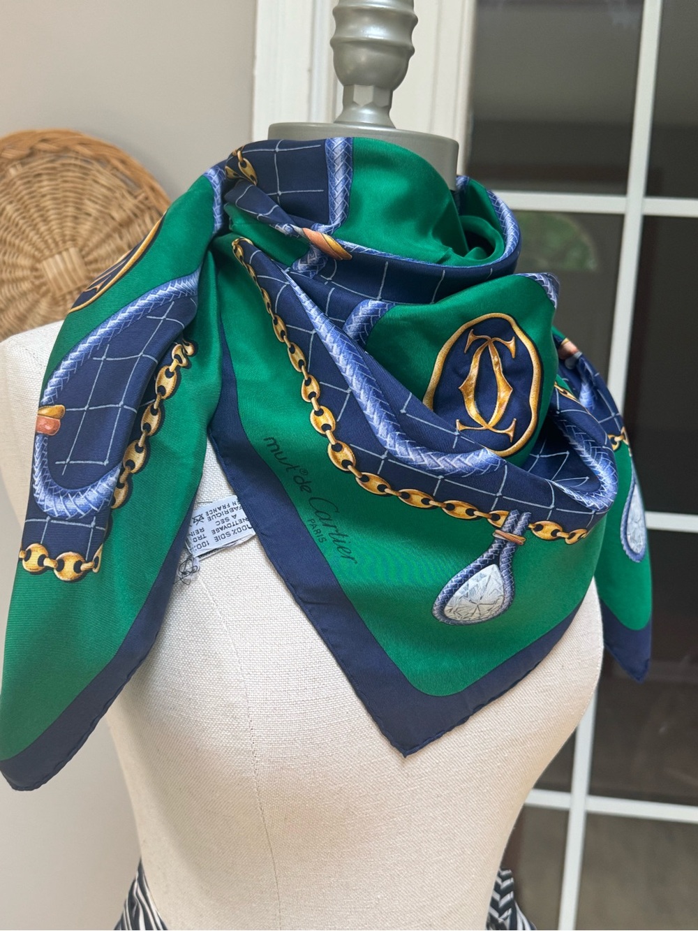 Vintage Cartier Silk Scarf Blue Gold Chain Rope Print 31.5”
